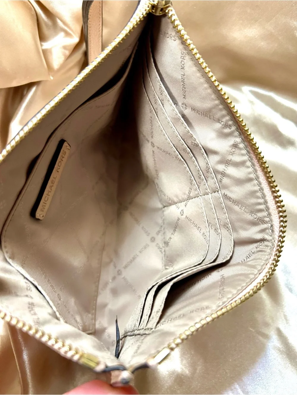 Michael Kors Pebbled Leather Wristlet in Light Taupe with Gold Hardware